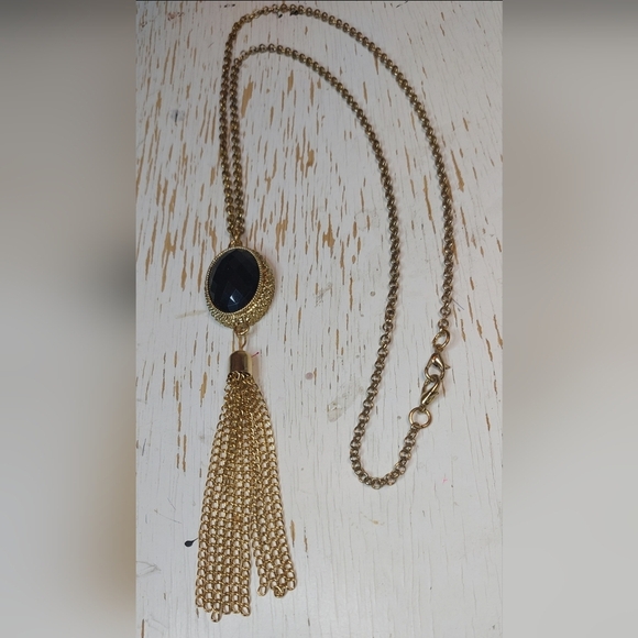 Single Gold Chain Long Necklace Black Glass Pendant Chain Tassel Jewelry Boho - Picture 4 of 5